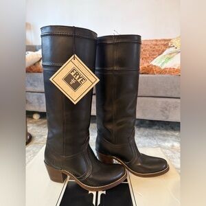 Frye Jane Stitch Leather Heeled Knee High Boots